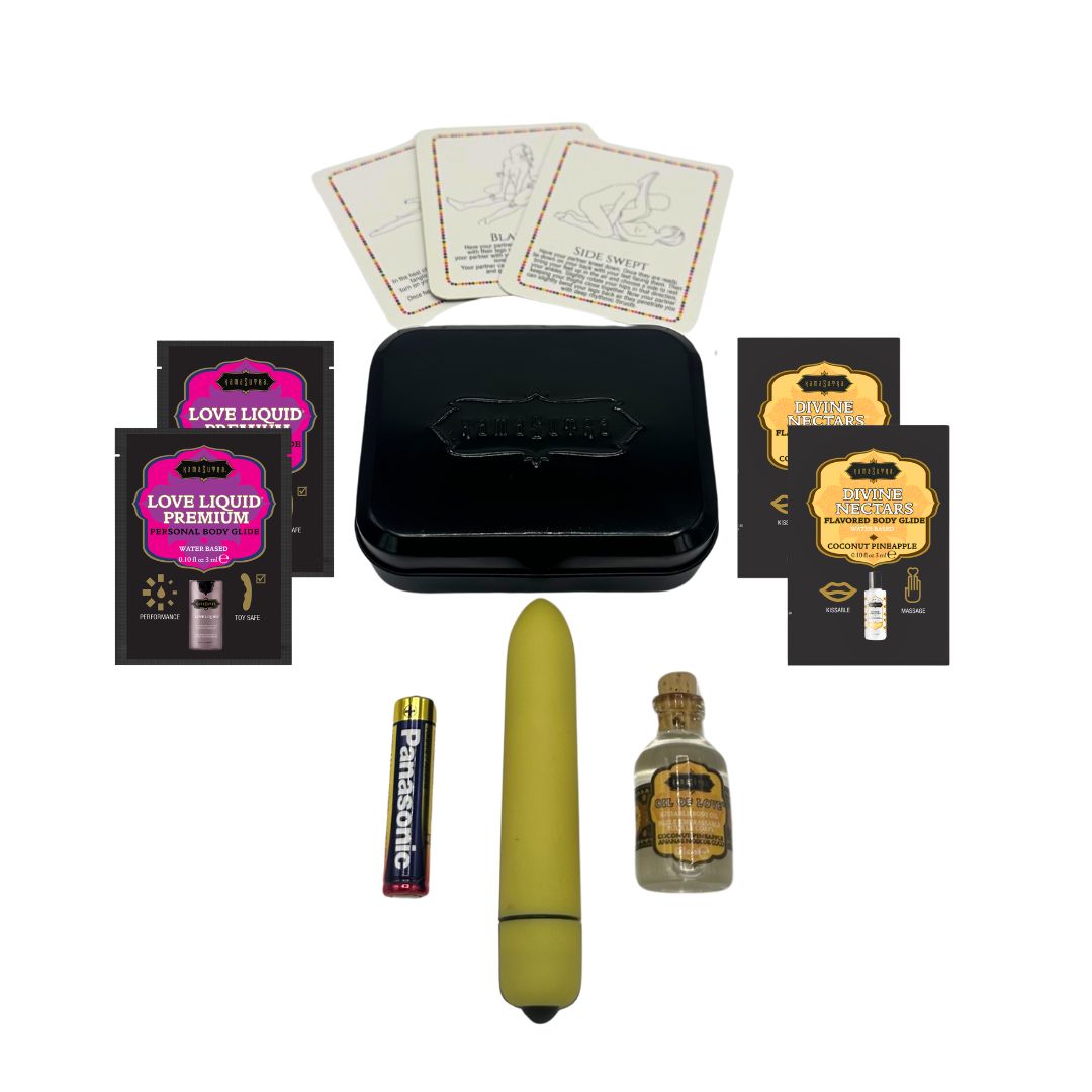 WEEKENDER KIT VIBE Coconut Pineapple Includes: Oil of Love, Reusable 10 speed mini vibe, Massage Oil, Love Liquid and Erotic Playcards