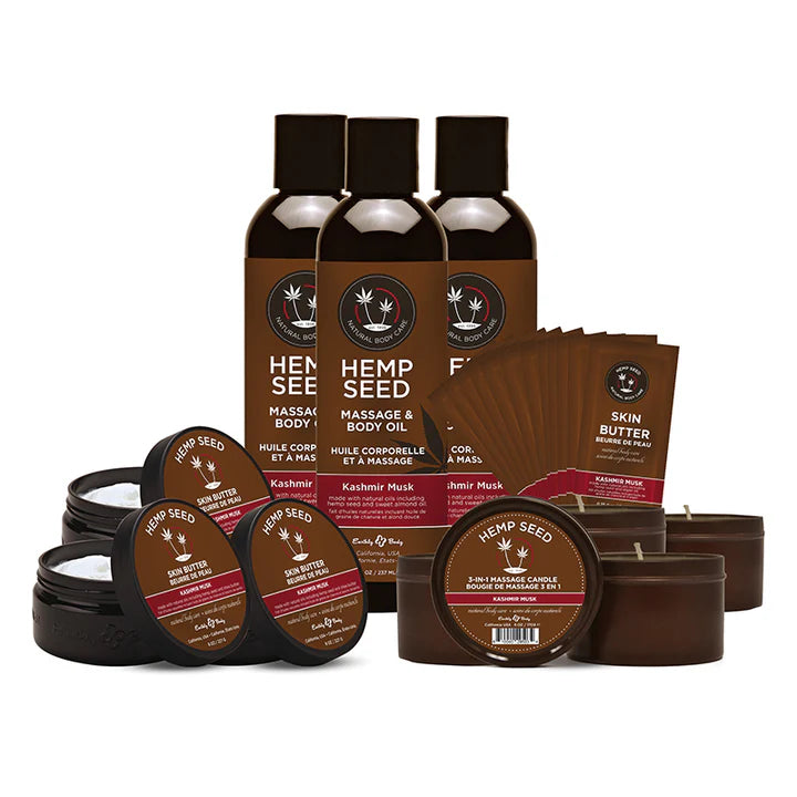 Hemp Seed New Fragrance Prepack in Kashmir Musk Includes  3 of each Skin Butter 8oz, Massage Oil 8oz, Massage Candle